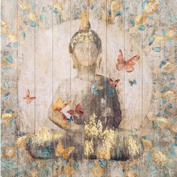 Tableau BOUDDHA doré tons rouges, beiges, jaunes, bleus et dorés 100x100cm