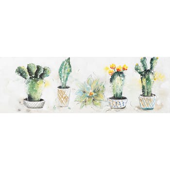 Tableau FLEUR et Cactus en pot multicolore sur fond tons beiges 150x50cm