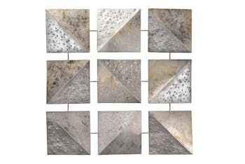 Décoration murale Abstraite Carrés de Triangles assemblés et reliés en métal tons dorés, argentés, gris et beiges 100x100cm