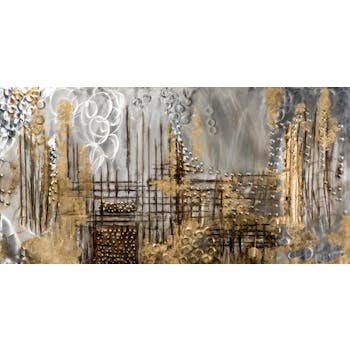 Tableau ABSTRAIT Fabuleux lignes graphiques tons dorés, argentés, gris, beiges et marron 140x70cm
