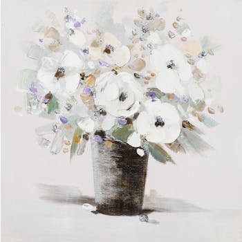Tableau FLEURS Bouquet blanc et effets violets, beiges, verts, dorés dans pot strié 50x50cm