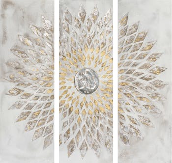 Tableau Triptyque ABSTRAIT Triangles assemblés en Rosace tons argentés, dorés gris et beiges 120x120cm