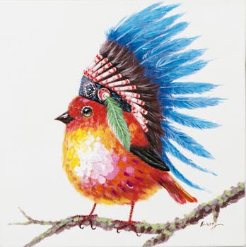 Tableau ANIMAL POP-ART Oiseau avec sa coiffe d'Indien multicolore couleurs vives 40x40cm