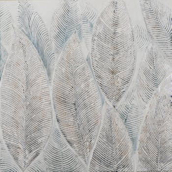 Tableau FORET feuilles avec effet pailleté tons beiges, argentés et bleus 100x100cm