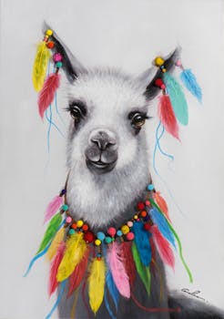 Tableau ANIMAL POP-ART lama et plumes multicolores 70x100cm