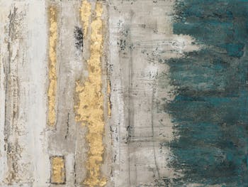 Tableau ABSTRAIT dominante beige, tons bleus, noirs, blancs et dorés 90x120cm