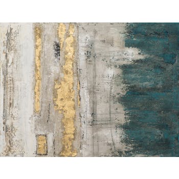 Tableau ABSTRAIT dominante beige, tons bleus, noirs, blancs et dorés 90x120cm