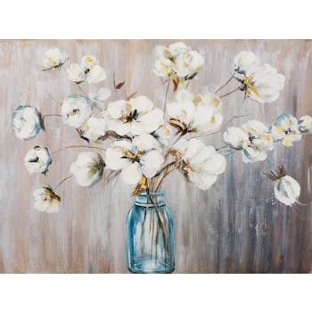 Tableau FLEURS Bouquet dans vase tons blancs, bleus, jaunes et beiges 90x120cm