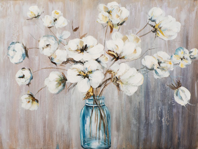 Tableau FLEURS Bouquet dans vase tons blancs, bleus, jaunes et beiges