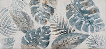 Tableau FLEURS Feuilles tropicales tons bleus, argentés et beiges 70x150cm