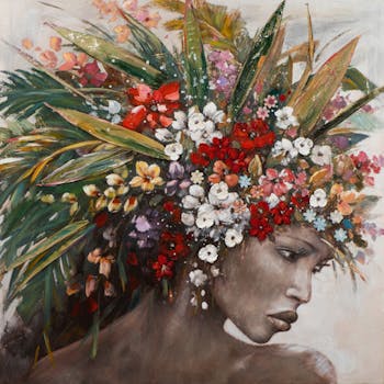 Tableau FEMME avec fleurs et feuillages multicolores 115x115cm