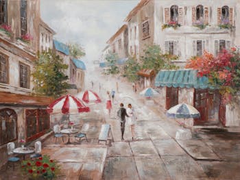 Tableau PAYSAGE URBAIN Couple dans la rue tons beiges et bruns 60x80cm