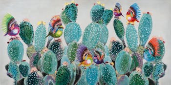 Tableau ANIMAL POP-ART Oiseaux avec couvre-chef sur cactus multicolores 70x140cm