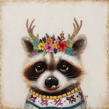 Tableau ANIMAL POP-ART Raton Laveur avec fleurs et bois 60x60cm