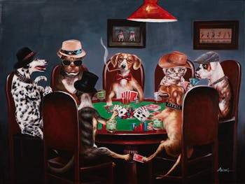 Tableau ANIMAUX Chiens et chats jouant au poker 90x120cm