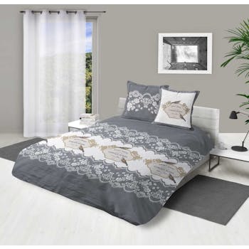 Parure de lit grise et blanche décor "Garden roses" 240x220cm housse de couette + 2 taies 63x63cm