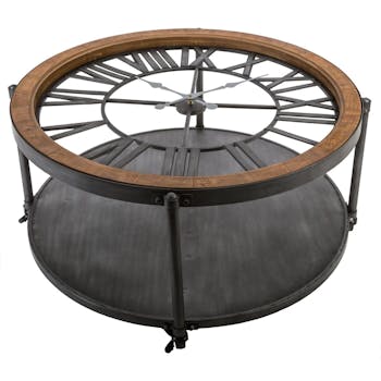 Table basse horloge métal bois D90cm