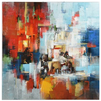 Tableau ABSTRAIT scène de bar dominante rouge et tons bleus et blancs 100x100cm