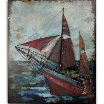 Tableau Bateau métal coloré effet rouillé sur cadre bois 100x120cm