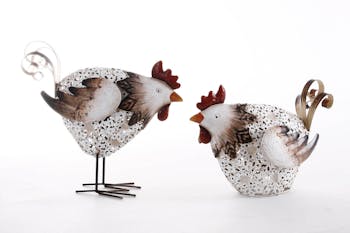 Poule Photophore en métal blanc ajouré et effets brossé 9,5x22,5x16cm