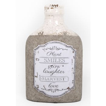 Bouteille ovale effet rustique avec messages en terre-cuite blanche et grise 25,5x15x8,5cm