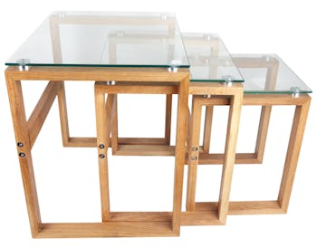 Lot de 3 Tables carrées d'appoint Gigogne plateau verre et pieds bois H50cm