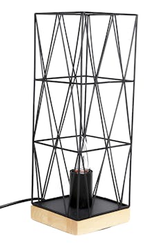 Lampe à poser en métal noir façon cage et support bois H37,5cm