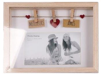 Cadre photo à message "Meilleurs ? Amis" en bois naturel avec suspension c?urs de 3 pinces 18x3x22cm
