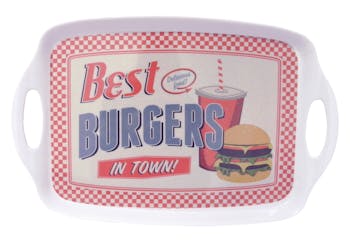 Plateau rétro vintage "Best Burgers" mélamine avec poignées 40x26x2,5cm