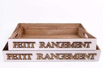 Lot de 2 plateaux "Petit Rangement" bois naturel avec poignées 40x30x5,5cm