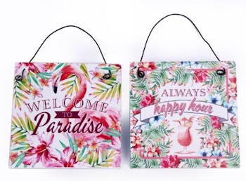 Lot de 2 plaques message métal décor floral et flamand rose 10x10cm