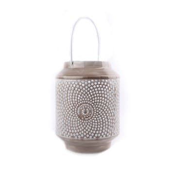 Lanterne métal gris taupe motifs style mozaique avec anse 17x17x25cm