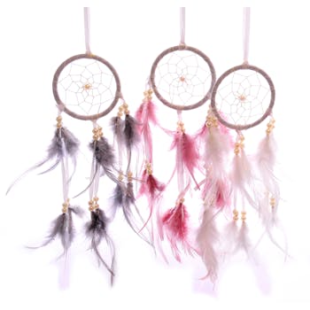 Lot de 3 Attrape-rêves en tissu et plumes tons rose et violets H30cm