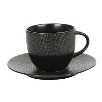 Tasse et sous-tasse grès noir décor relief grand modèle