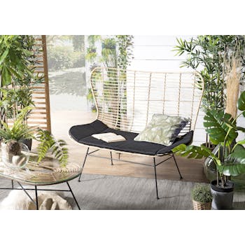 Canapé rotin 2 places coussin noir SUMBA