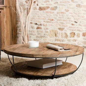 Table Basse Ronde 90x90 Cm Bois Et Metal Appoline Teck Fonce Ebay