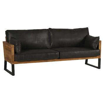 Canapé 3 places vintage gris accoudoirs bois ONTARIO