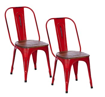 Chaise industrielle métal rouge bois recyclé LEEDS (lot de 2)