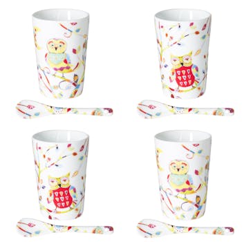 Coffret 4 Gobelets Cuillère Chouette Porcelaine Hedwige