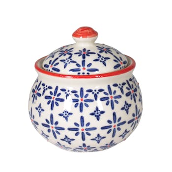 Sucrier H.10cm céramique blanc à motifs coloris bleu et orange USHUAIA