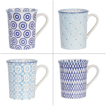 Coffret de 4 mugs à anse décor géométrique céramique tons bleus D5,5xH10cm