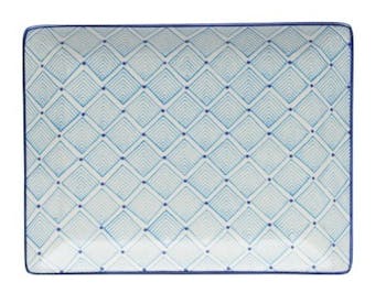 Plateau décor géométrique façon losanges céramique tons bleus clairs 21x17cm