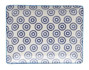 Plateau décor géométrique façon cercles céramique tons bleus foncés 21x17cm