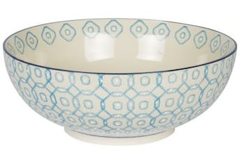 Saladier décor géométrique façon carrés arrondis céramique tons bleus clairs D26xH14cm