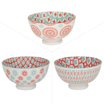 Lot de 3 coupelles décor graphique porcelaine tons orangés et turquoises D11,5xH8,5cm