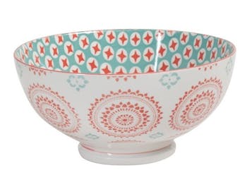 Saladier décor graphique Rosaces porcelaine tons orangés et turquoises D20xH12,5cm