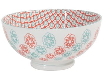 Saladier décor graphique Petites Fleurs porcelaine tons orangés et turquoises D20xH12,5cm