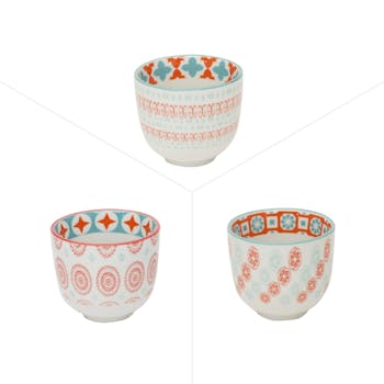 Lot de 3 gobelets décor graphique porcelaine tons orangés et turquoises D5xH5,5cm
