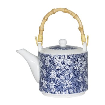 Théière décor floral japonisant porcelaine tons bleus et anse bambou D9xH9,5cm