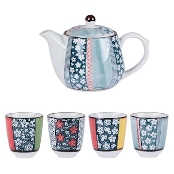 Coffret Théière + 4 Mugs gobelets Oslo Inspiration scandinave motifs fleurs et couleurs